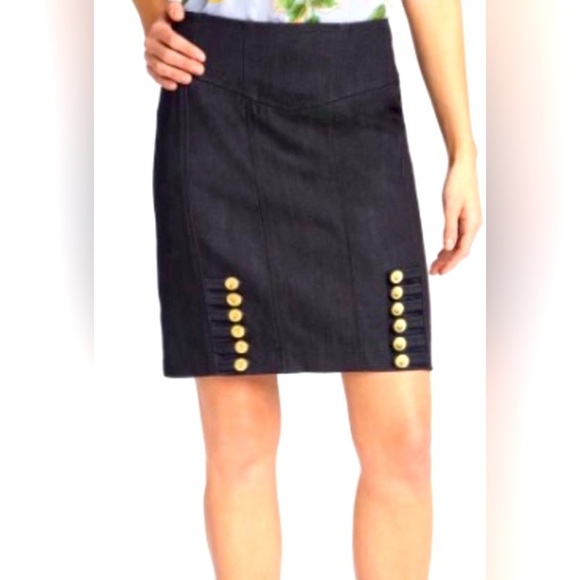 LEIFSDOTTIR Anthro Dark Blue Denim Jeans 12 Gold Button Straight Pencil Skirt 2 - Picture 2 of 8